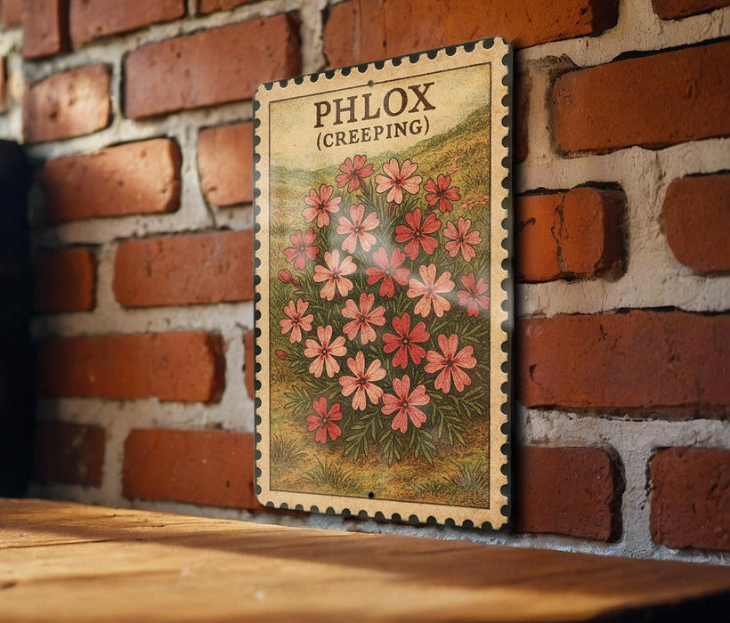 A vintage-style stamp featuring a floral illustration is displayed on a brick wall, with a wooden table below it.