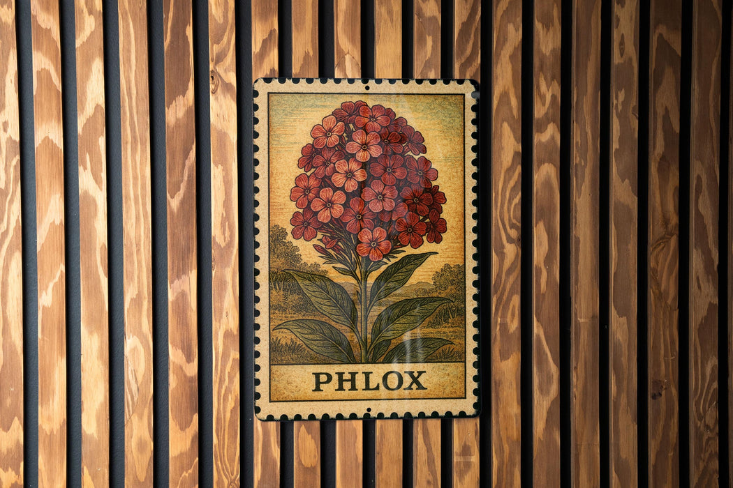 A metal stamp with a floral illustration and the word "PHLOX" printed on it, hanging on a wooden wall.