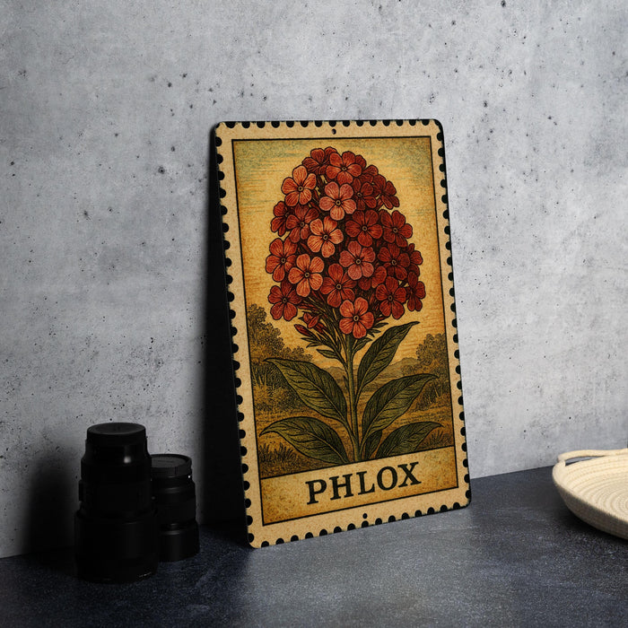 A framed illustration of a red flower with green leaves, labeled "PHLOX", is displayed on a gray wall.