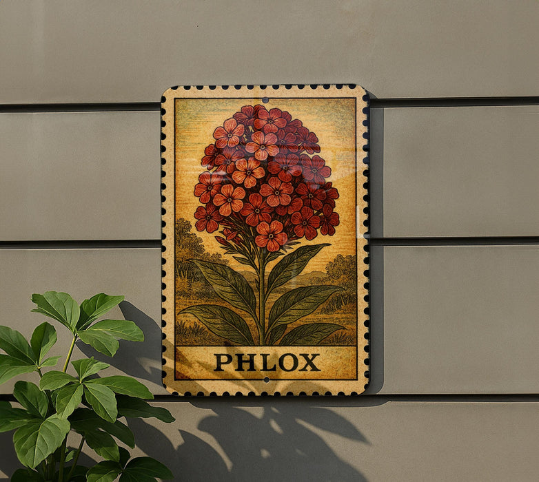 A wooden sign with a floral illustration and the word "PHLOX" is displayed on a wall, accompanied by a small green plant.