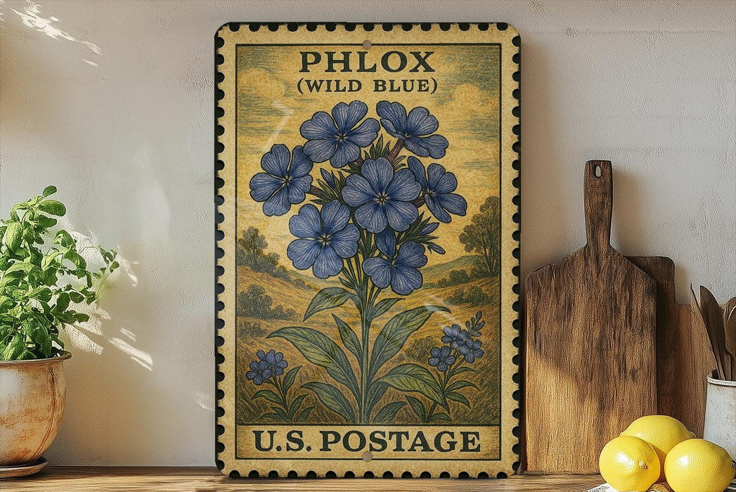 A vintage-style postage stamp featuring a blue wild blue flower, placed on a wooden surface next to a wooden cutting board and some lemons.