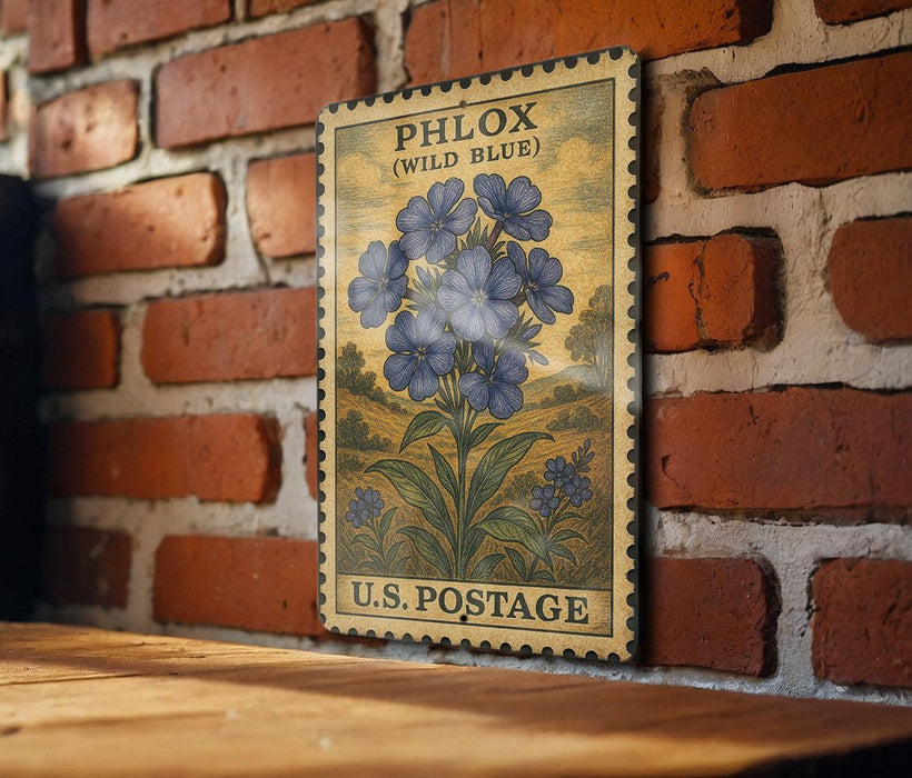 A vintage-style postage stamp featuring a blue wild blue flower is displayed on a brick wall.