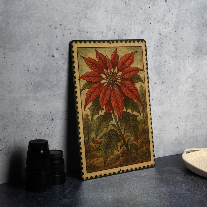 A framed illustration of a vibrant red poinsettia flower is displayed on a gray wall, accompanied by a stack of black camera lenses and a white dish.