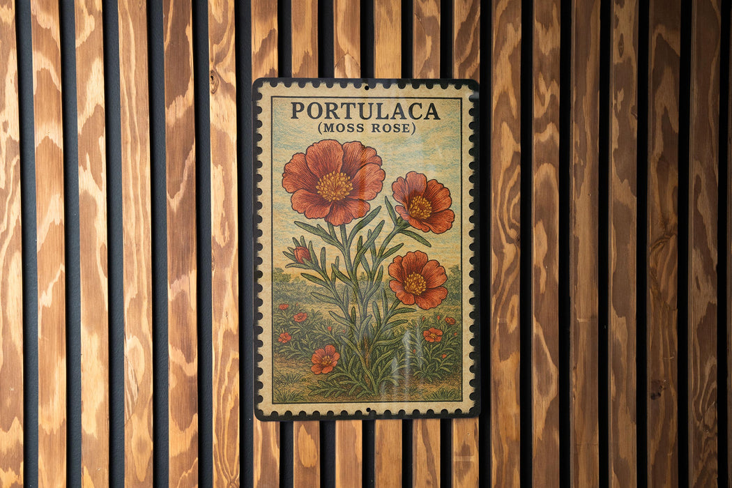 A vintage-style postage stamp featuring a floral illustration of moss roses, mounted on a wooden wall.