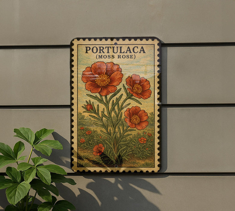 A vintage-style metal sign with a floral illustration of red flowers, mounted on a wall next to a plant.