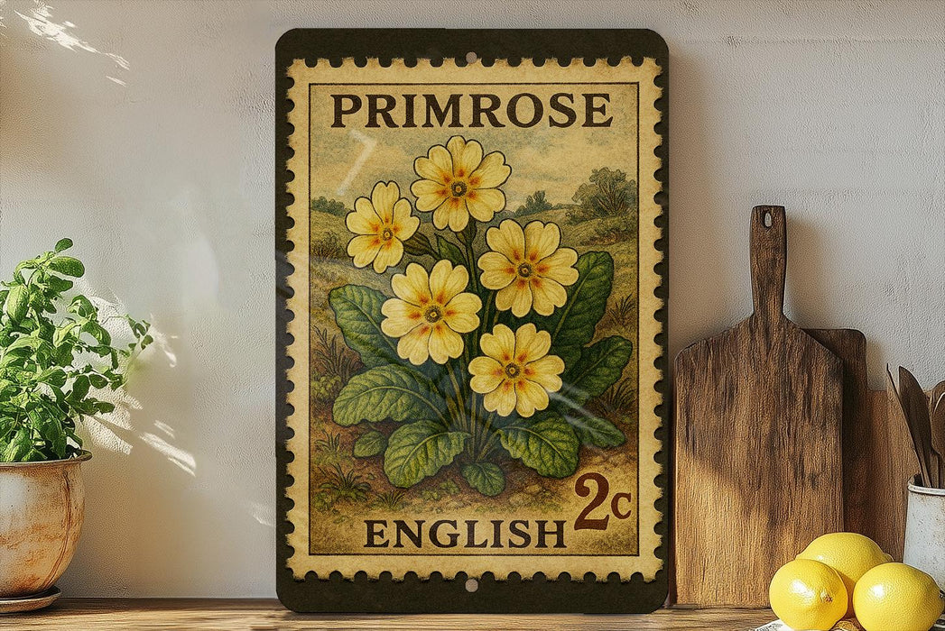 A vintage-style postage stamp featuring yellow flowers is displayed on a shelf, accompanied by a wooden cutting board, a potted plant, and some lemons.