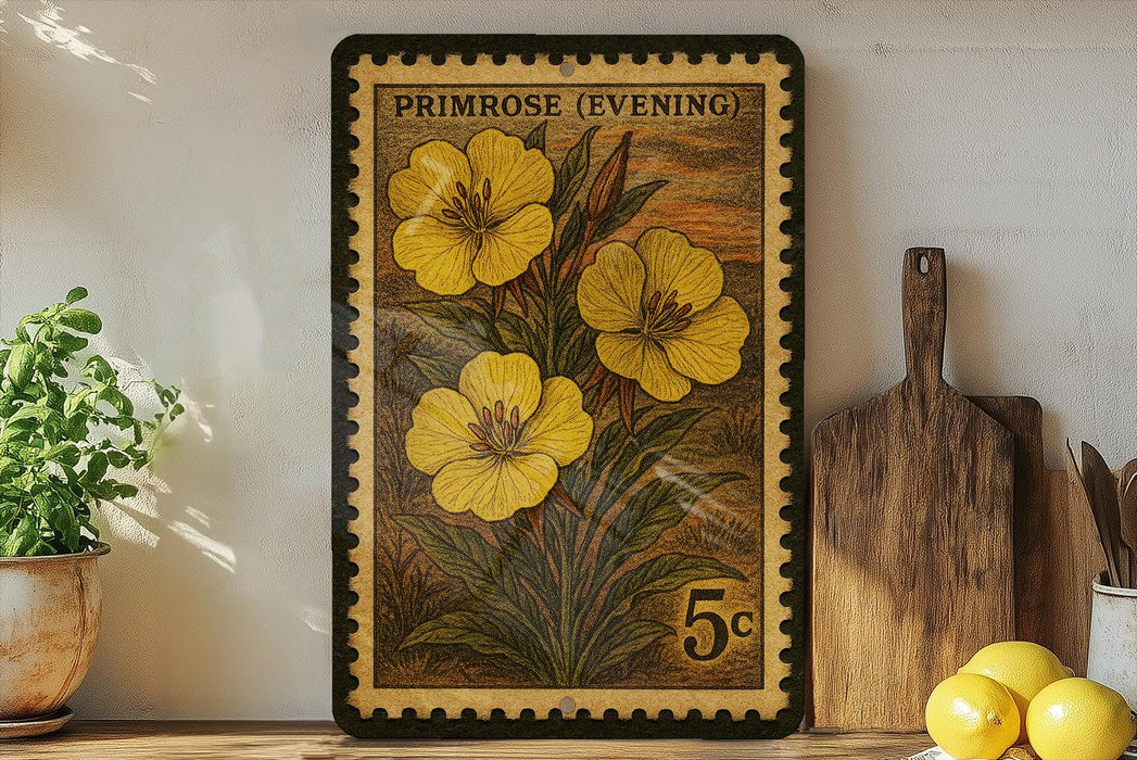 A framed stamp depicting yellow flowers is displayed on a shelf, surrounded by kitchen utensils and a potted plant.