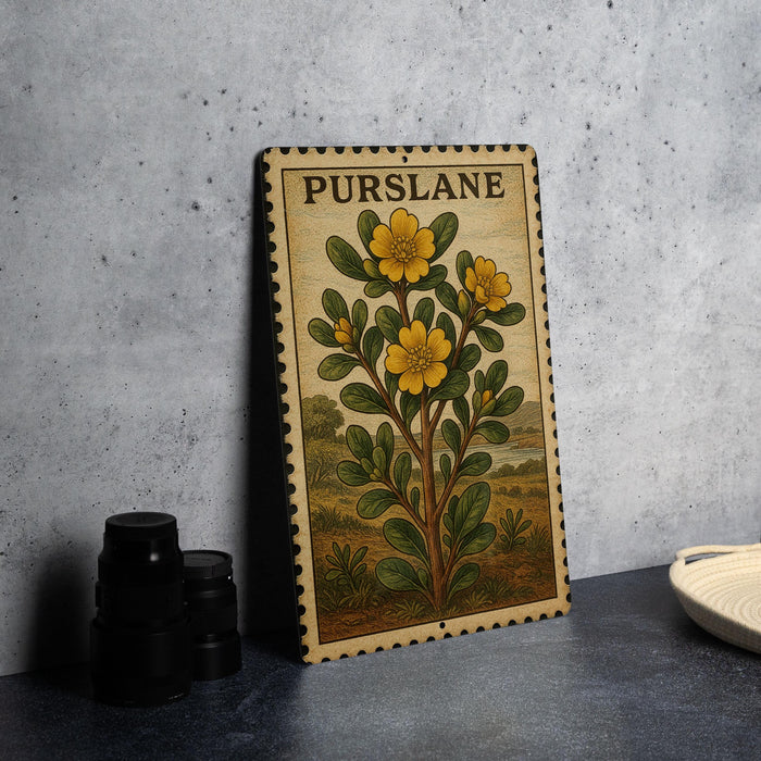 A framed illustration of a plant with yellow flowers is displayed on a gray wall, accompanied by a stack of black camera lenses and a white dish.