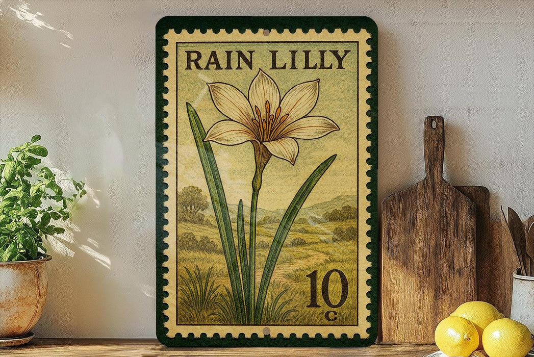 a framed print of a rain lily flower on a shelf, surrounded by kitchen utensils and a potted plant.