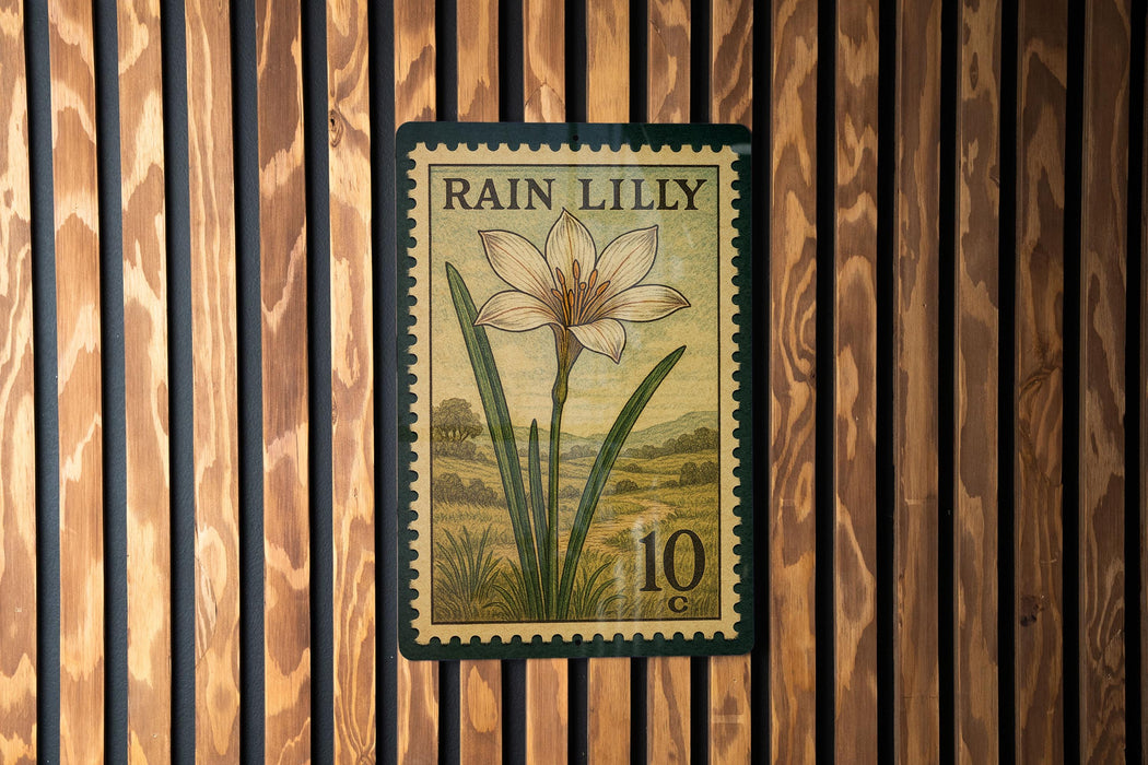 A postage stamp featuring a lily flower is displayed on a wooden wall.