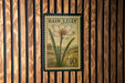 A postage stamp featuring a lily flower is displayed on a wooden wall.