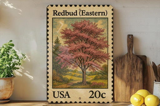 A framed stamp depicting a vibrant redbud tree, with a landscape in the background, is displayed on a shelf next to a wooden cutting board and some potted plants.