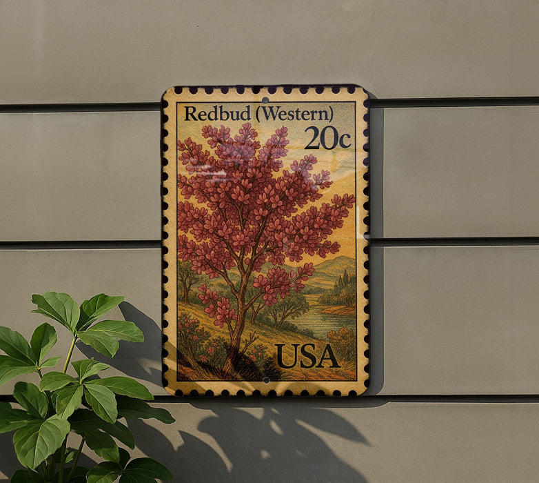 A 20c postage stamp from the United States, featuring a redbud tree on the front.