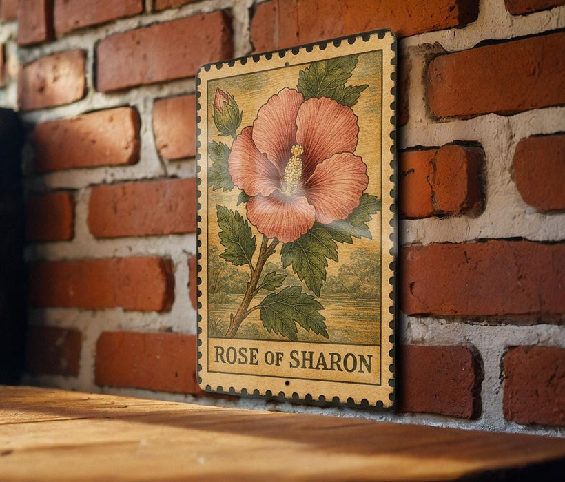 A vintage-style floral stamp featuring a large pink hibiscus flower is displayed on a brick wall.