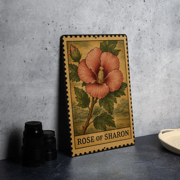 A framed illustration of a large pink hibiscus flower is displayed on a wall, with the text "ROSE OF SHARON" below it.