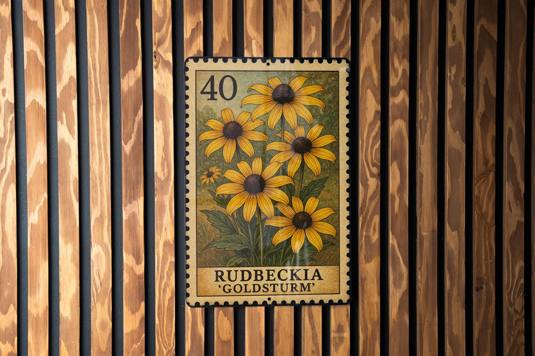 A postage stamp from Rudbeckia 'Goldstorm' is displayed on a wooden wall.
