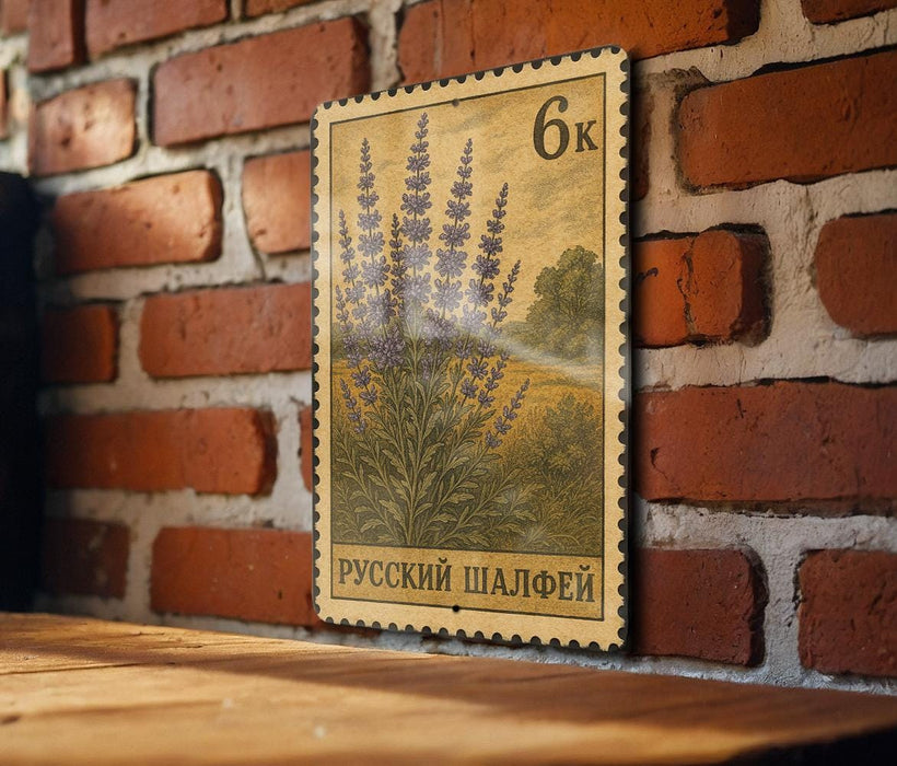 a vintage-style postage stamp with a floral design, mounted on a brick wall.