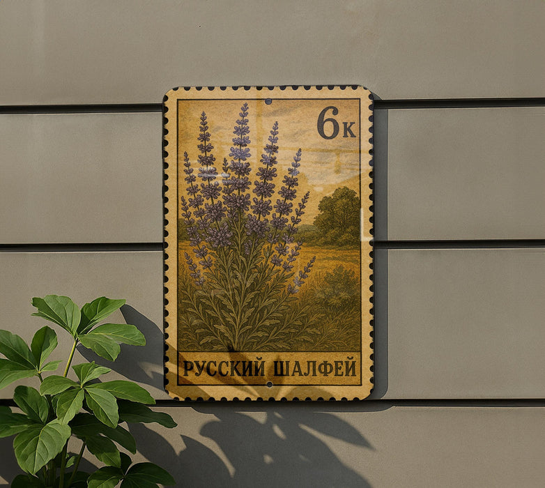 a postage stamp with a floral design, mounted on a wall next to a plant.