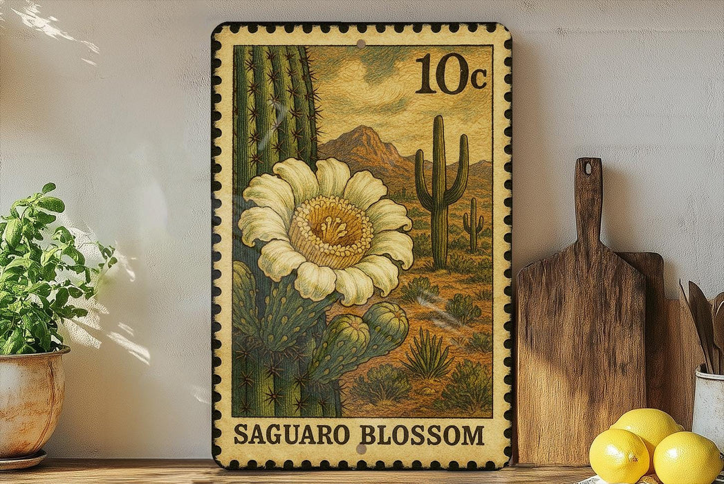A decorative metal stamp featuring a cactus flower and a desert landscape, with the text "Saguaro Blossom" printed on it. The stamp is placed on a shelf next to a wooden cutting board and a potted plant.