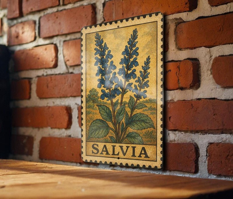 A framed botanical illustration of blue flowers is hanging on a brick wall, with the word "SALVIA" printed below the illustration.