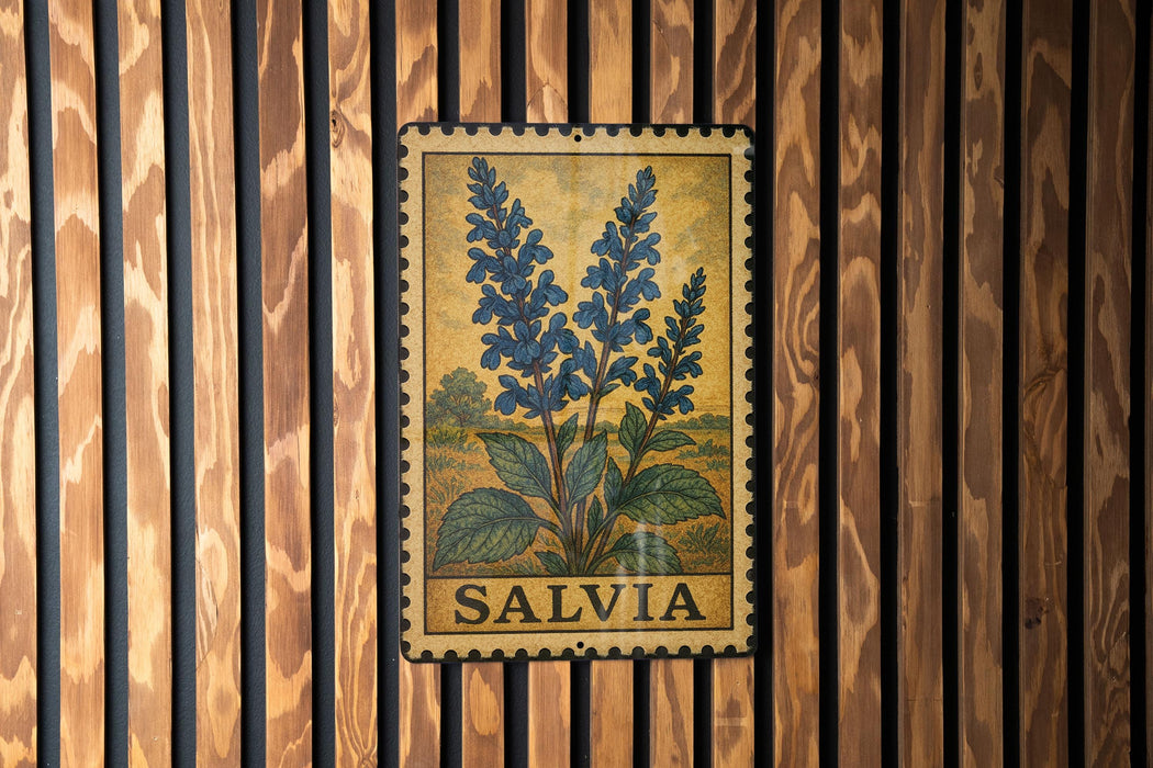 A framed illustration of blue flowers is hanging on a wooden wall.