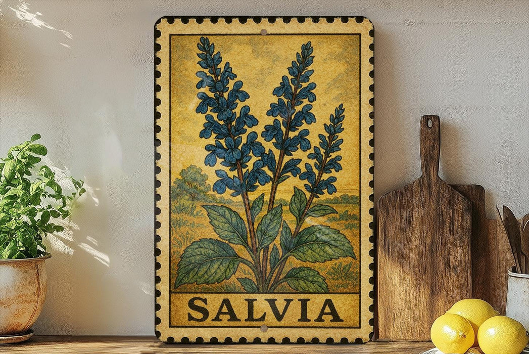 A framed illustration of blue flowers is displayed on a shelf, accompanied by a wooden cutting board, a potted plant, and some lemons.