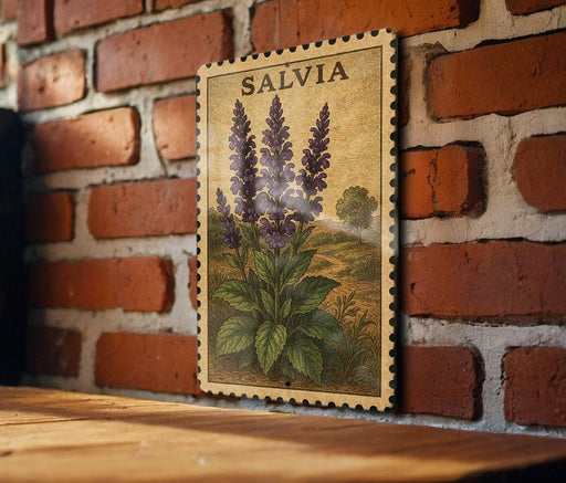 A framed illustration of purple flowers is mounted on a brick wall, with the word "SALVIA" written on the frame.