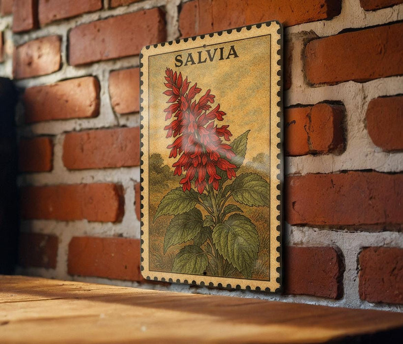 A framed illustration of a red flower is hanging on a brick wall, with the word "SALVIA" written above it.
