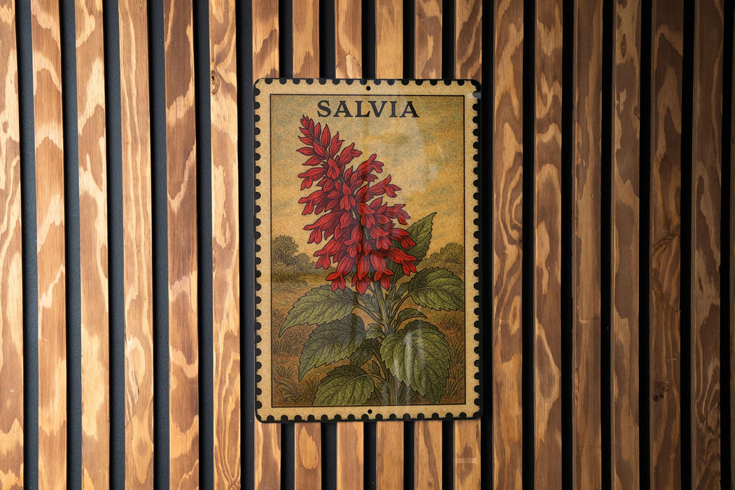 A framed illustration of a red flower is hanging on a wooden wall.