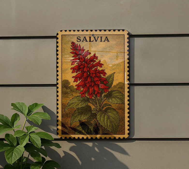 a framed illustration of a red flower on a wall, with a plant next to it.