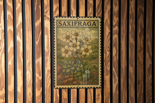 a framed illustration of a flower on a wooden wall.