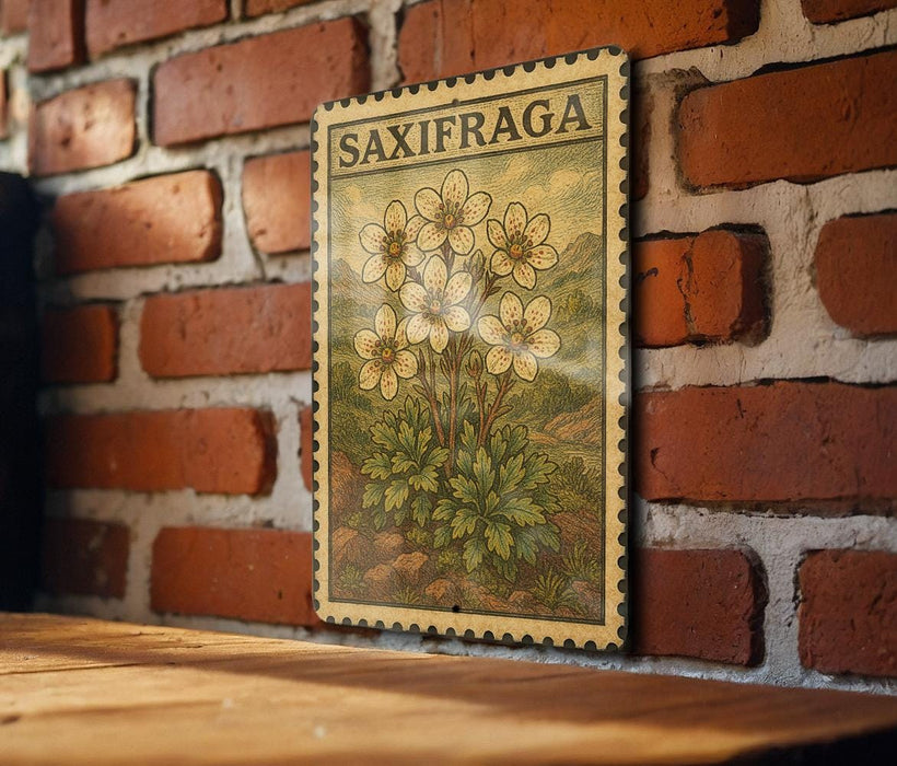 A framed illustration of a flower is hanging on a brick wall, with the word "SAXIFRAGA" printed on the frame.