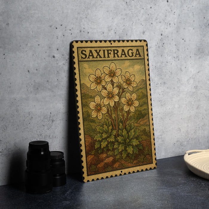 a framed print of a flower with the word "SAXIFRAGA" on it, placed on a table next to some black camera lenses.