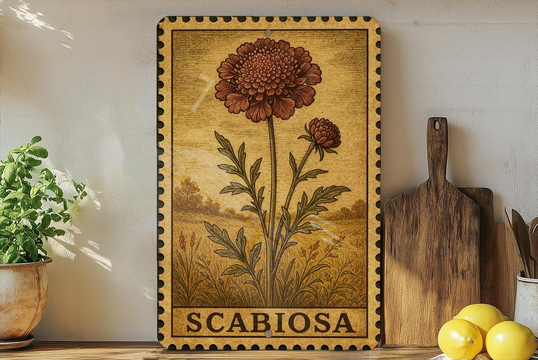 a framed illustration of a large red flower, labeled "SCABIOSA", placed on a shelf next to a wooden cutting board and a potted plant.