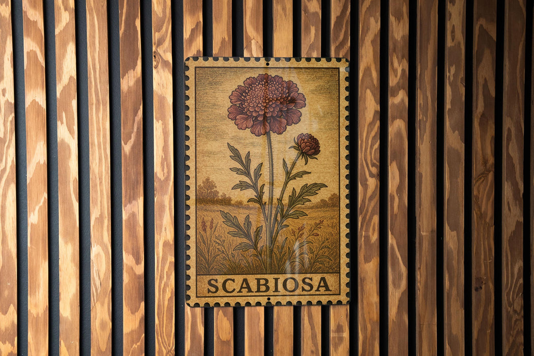 a floral stamp with the word "SCABIOSA" printed on it, which is displayed on a wooden wall.