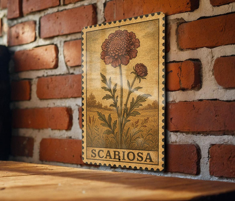 A wooden frame with a floral illustration of a large red flower and two smaller flowers is mounted on a brick wall.