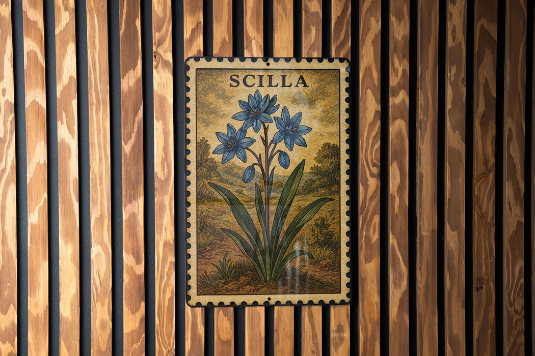 a framed illustration of blue flowers on a wooden wall.