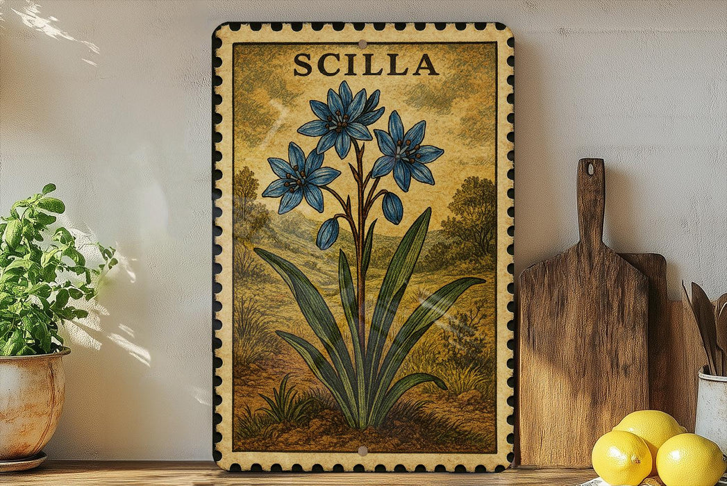 a framed illustration of blue flowers on a shelf, with a wooden cutting board and a potted plant nearby.