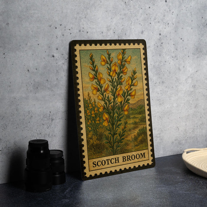A framed illustration of a yellow flower on a black border, with the text "SCOTCH BROOM" below it, is displayed on a gray wall.