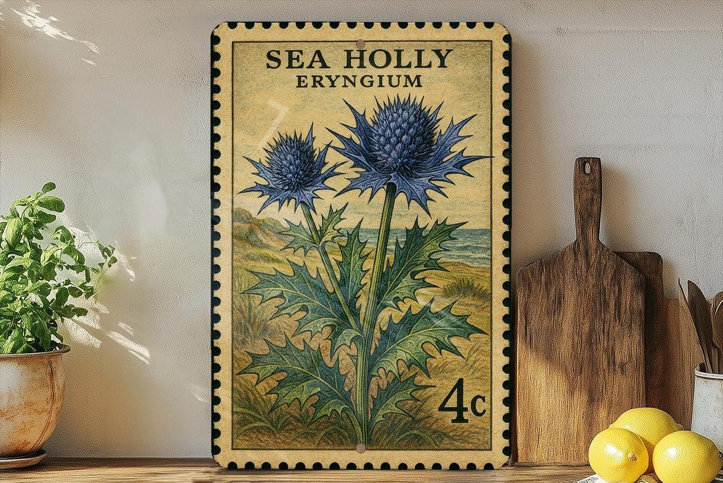A framed illustration of two blue thistle flowers on a yellow background, with a black border and text that reads "SEA HOLLY ERYNGIUM".