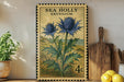 A framed illustration of two blue thistle flowers on a yellow background, with a black border and text that reads "SEA HOLLY ERYNGIUM".