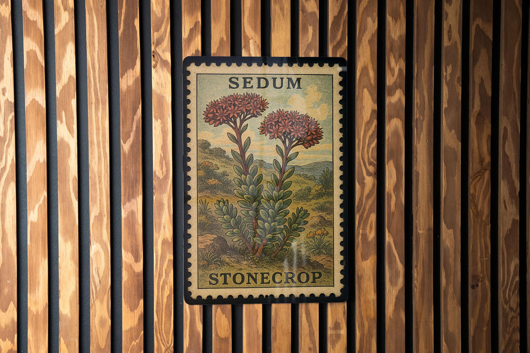 A framed image of a Sedum stonecrop plant is displayed on a wooden wall.