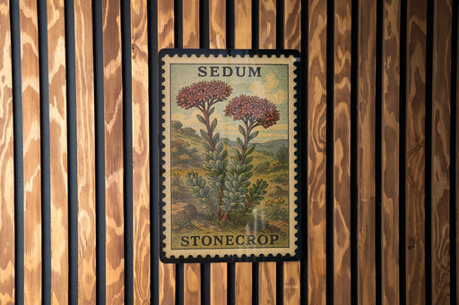 A framed image of a Sedum stonecrop plant is displayed on a wooden wall.