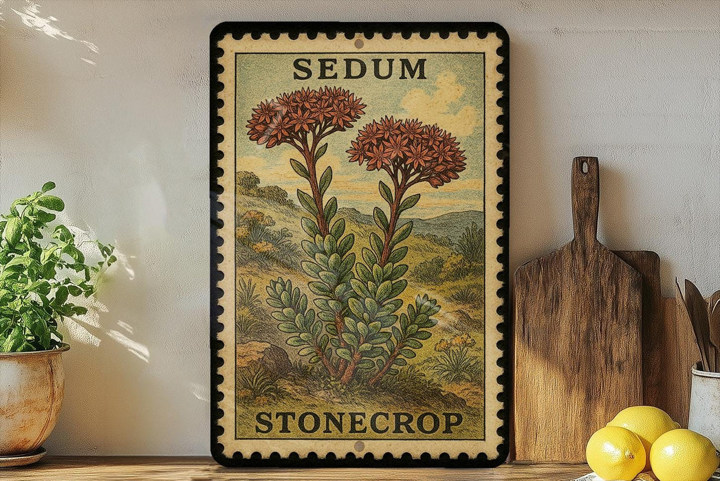 A framed illustration of a Sedum stonecrop plant is displayed on a shelf, accompanied by a wooden cutting board and a potted plant.