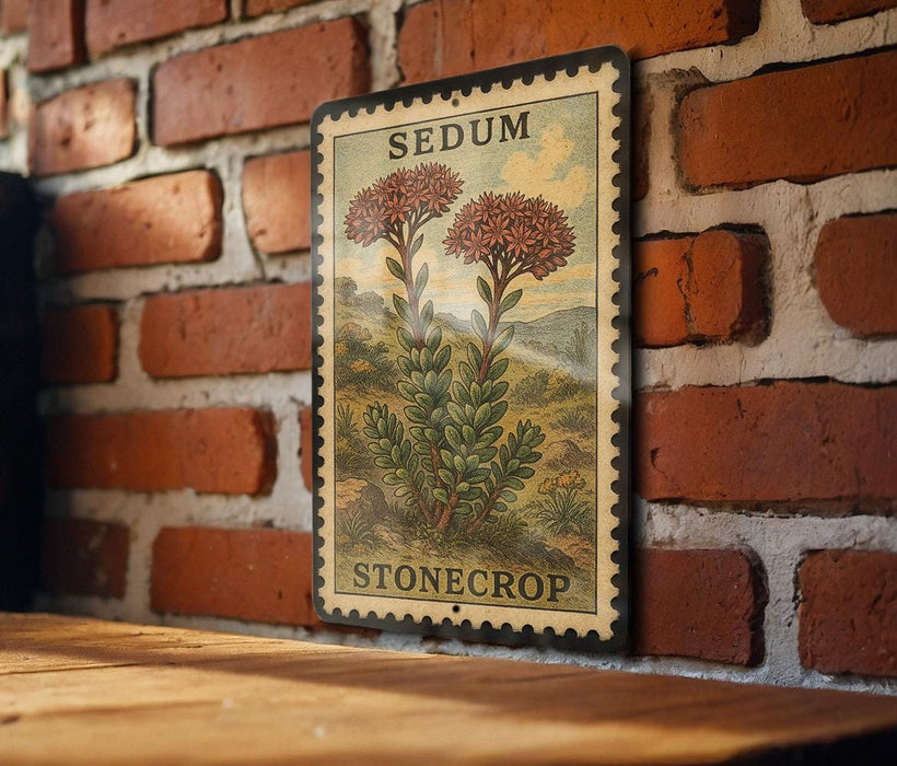 A vintage-style metal stamp depicting two red flowers with green leaves, mounted on a brick wall.