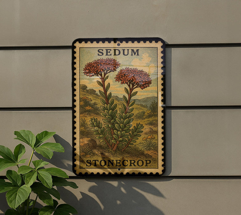 A framed illustration of a stonecrop plant is mounted on a wall, with a plant to the left of the frame.