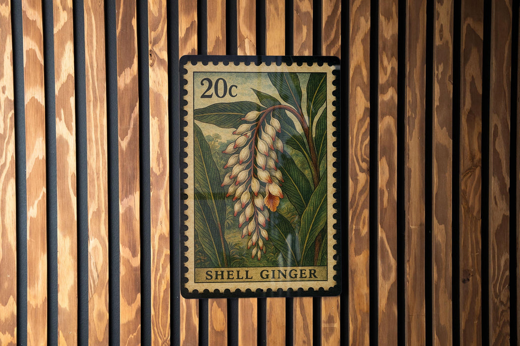 A 20c postage stamp featuring a close-up of a plant with yellow flowers, hanging on a wooden wall.