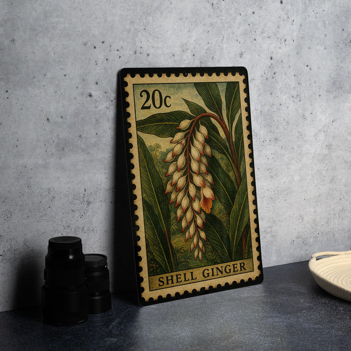 A 20 cent postage stamp featuring a vibrant illustration of a flower, specifically a cluster of yellow and orange flowers, with the word "SHELL GINGER" printed below.