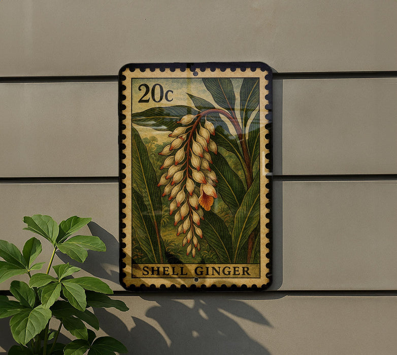 A 20c postage stamp featuring a detailed illustration of a plant with green leaves and yellow flowers, mounted on a wall next to a plant.