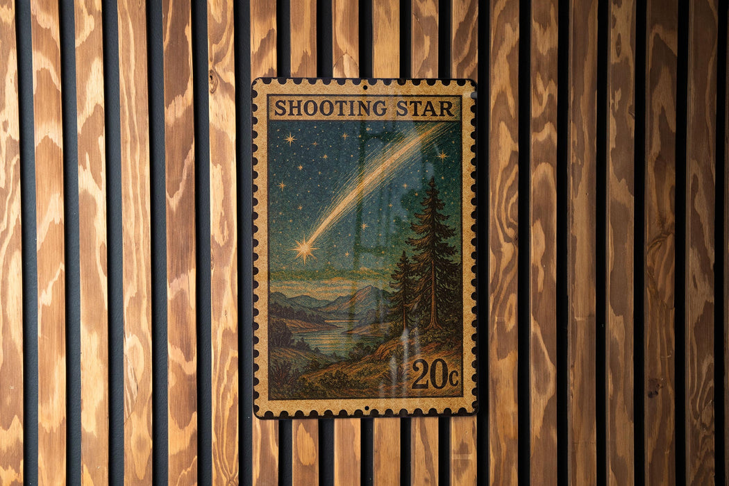 A vintage-style postage stamp depicting a shooting star against a night sky with a landscape in the background.
